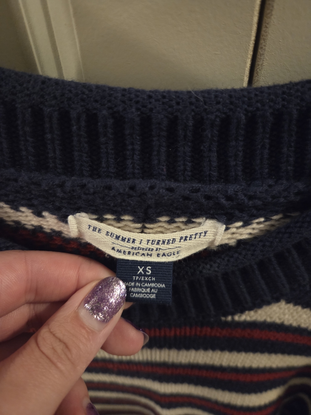 NWOT American Eagle Outfitters Navy, White & Burgundy Striped Crewneck Sweater - Picture 2 of 3
